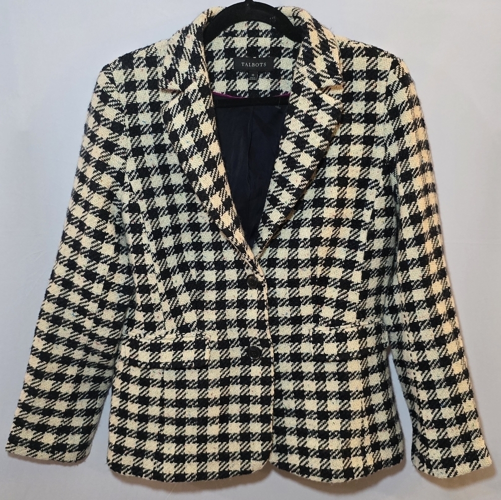 NWOT Talbots Wool Blend Confetti Black White Plaid Double Button Blazer, sz 10